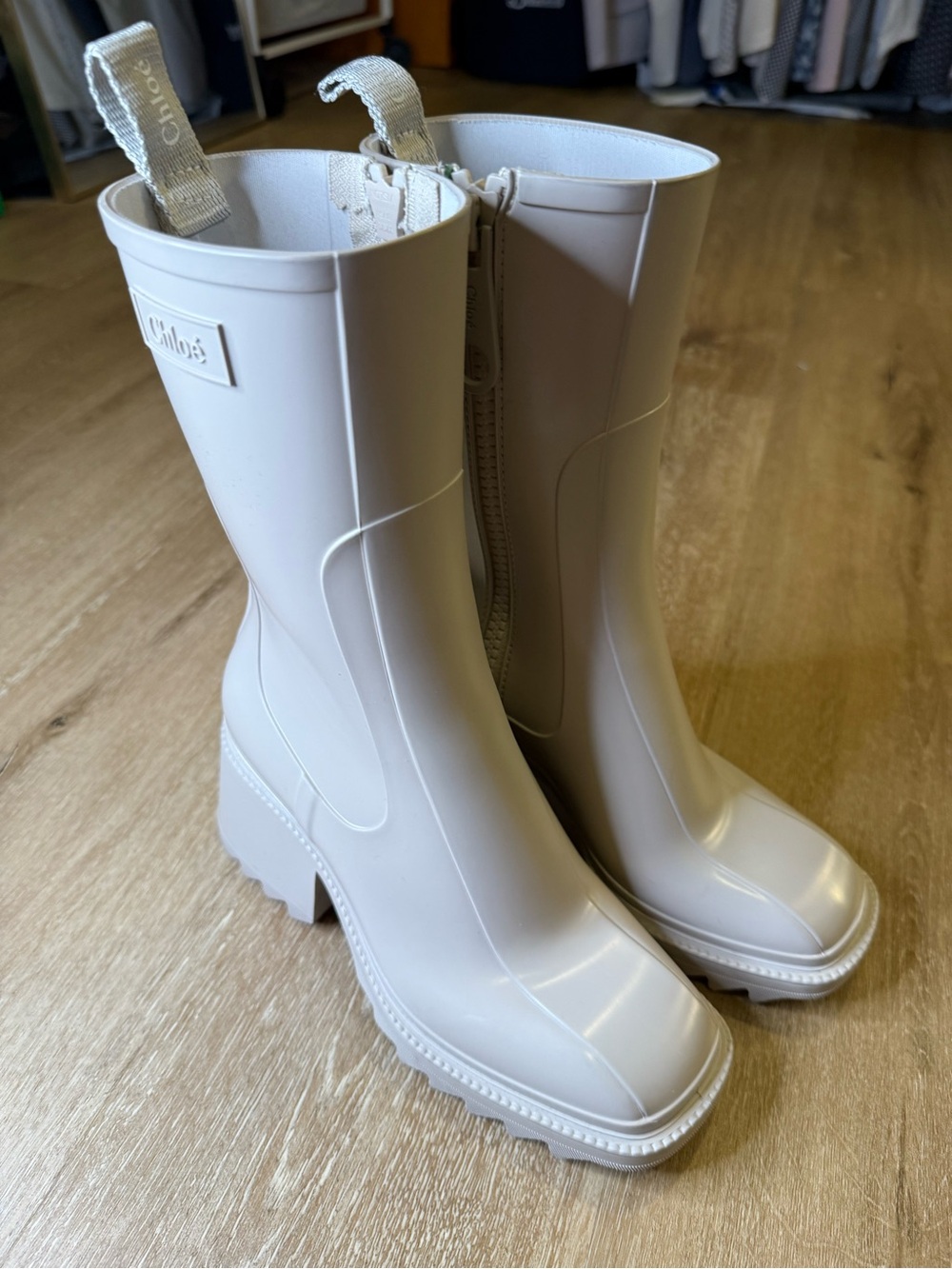 Chloé Ivory Rubber Mid-Calf Rain Boot Lug Sole Zip Square Toe EU 36 size 6